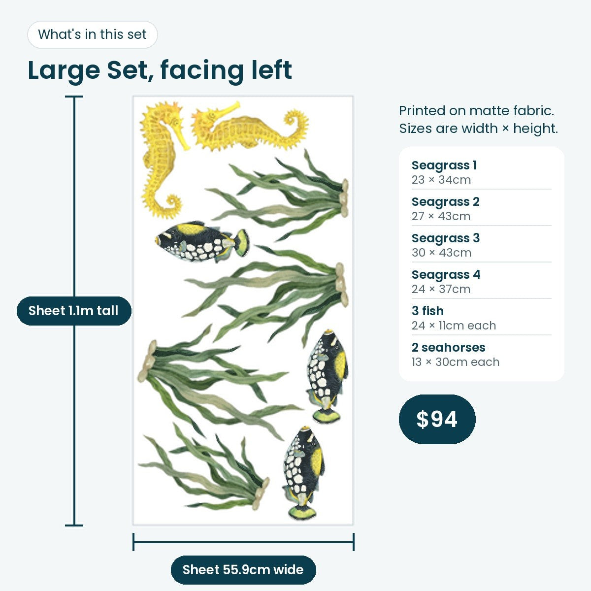 Large Set facing left: the print sheet with 4 seagrass tufts, 3 fish and 2 seahorses