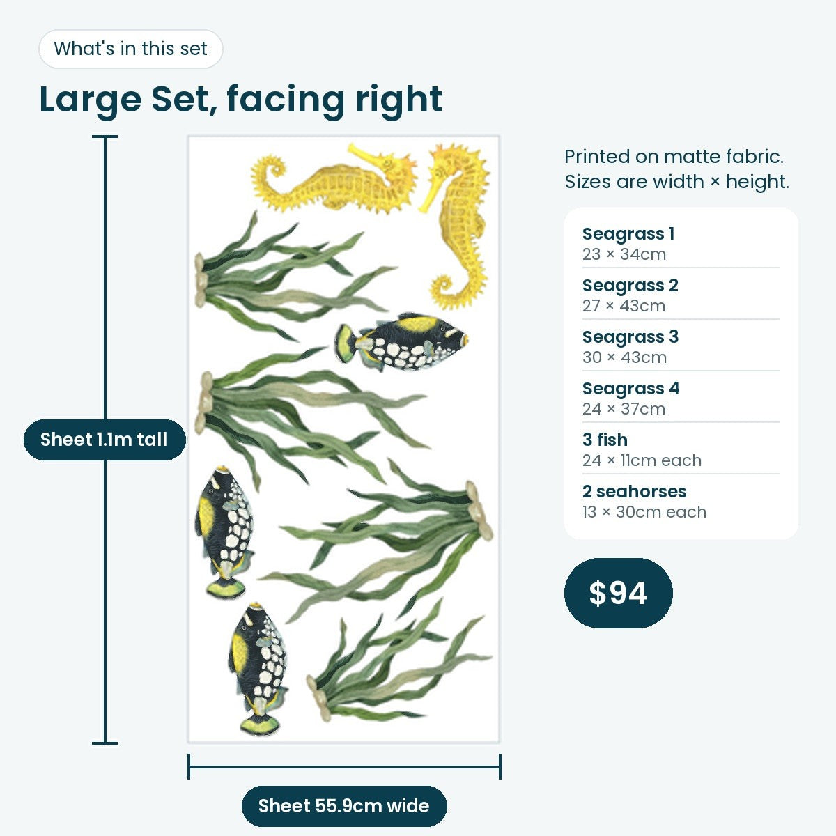 Large Set facing right: the print sheet with 4 seagrass tufts, 3 fish and 2 seahorses