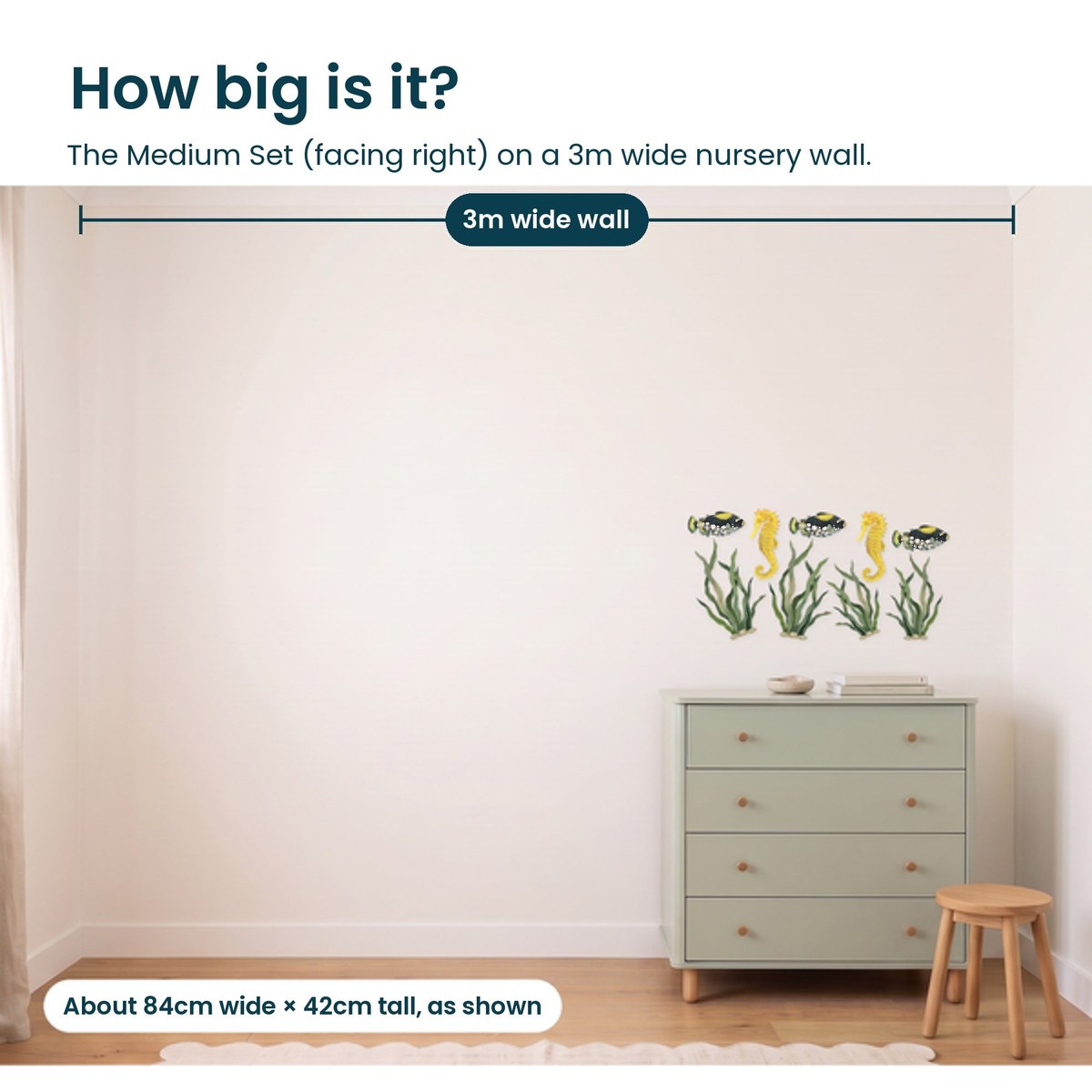 Medium seagrass, fish and seahorse set facing right on a 3m nursery wall