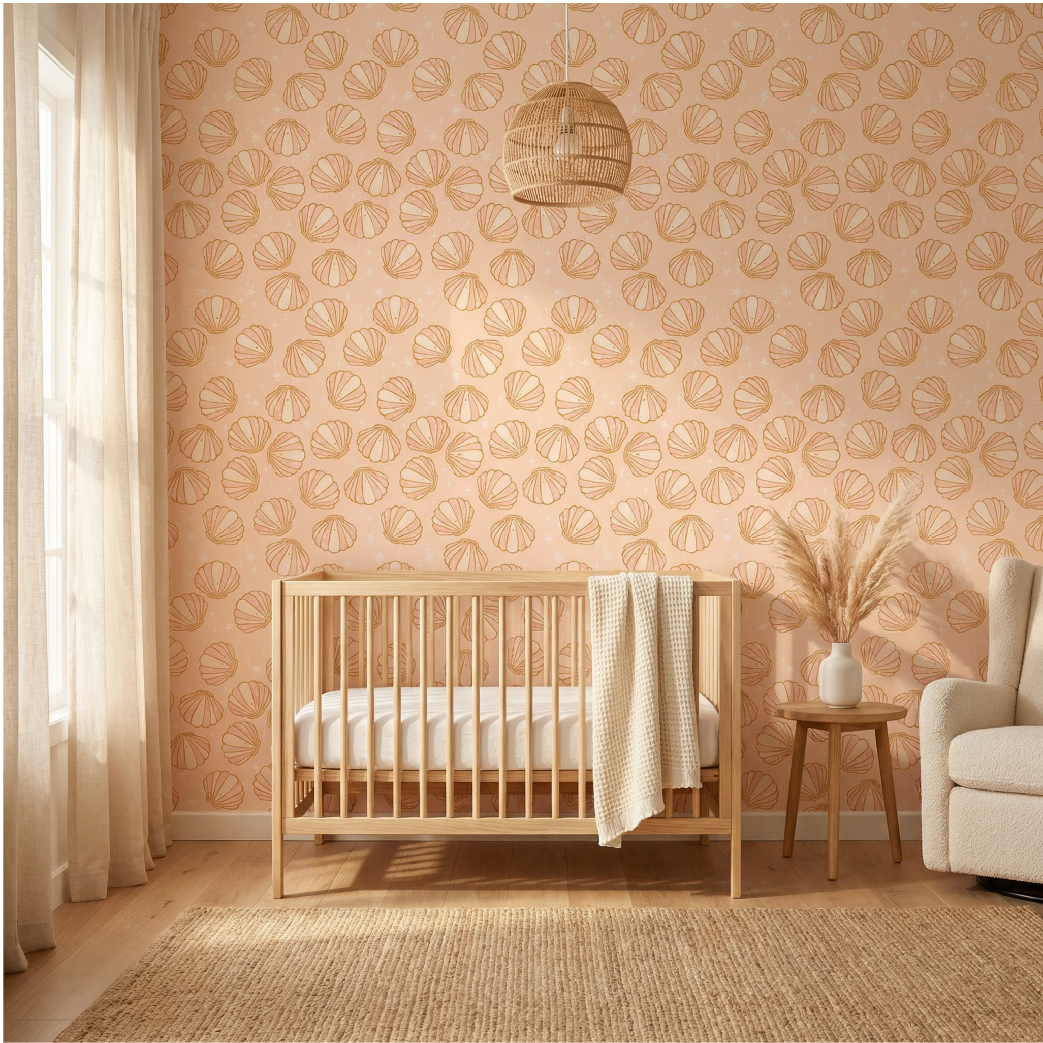 Nursery room with wooden crib, patterned wall, and armchair.