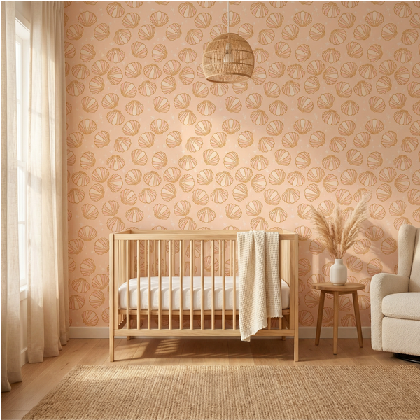 Nursery room with wooden crib, patterned wall, and armchair.