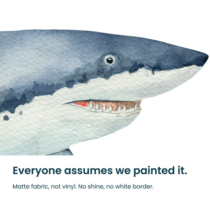Close-up of the watercolour great white shark decal