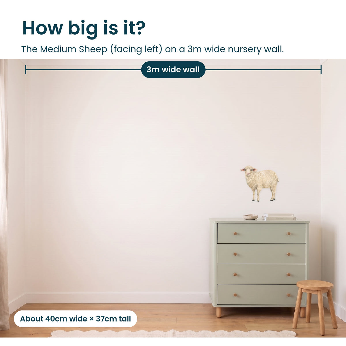 Medium sheep facing left on a 3m nursery wall