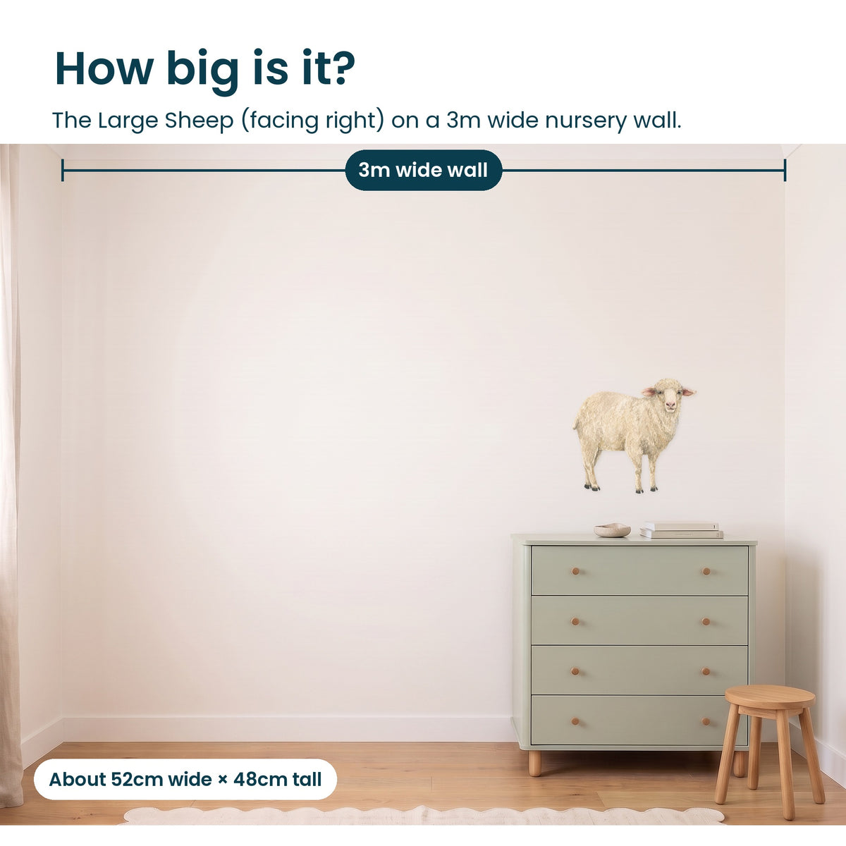 Large sheep facing right on a 3m nursery wall