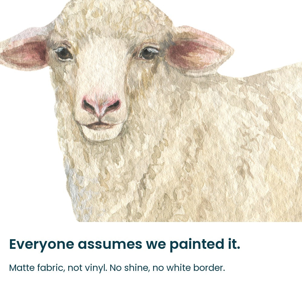 Close-up of the hand-painted sheep face on matte fabric