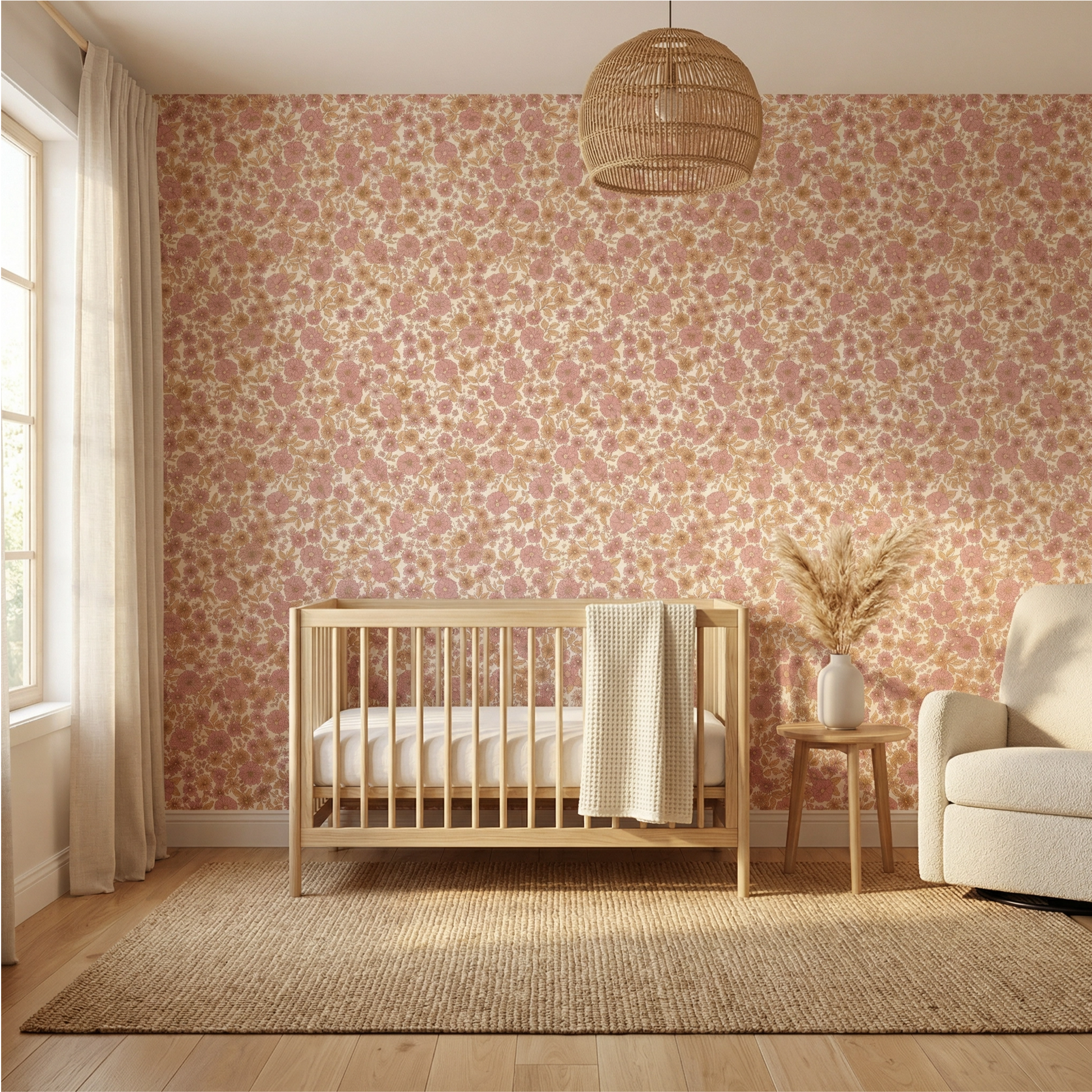 Nursery room with floral wallpaper, wooden crib, and armchair.