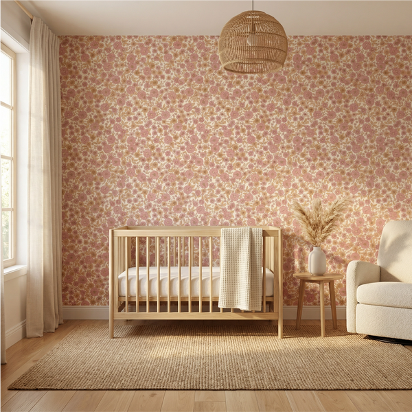 Nursery room with floral wallpaper, wooden crib, and armchair.