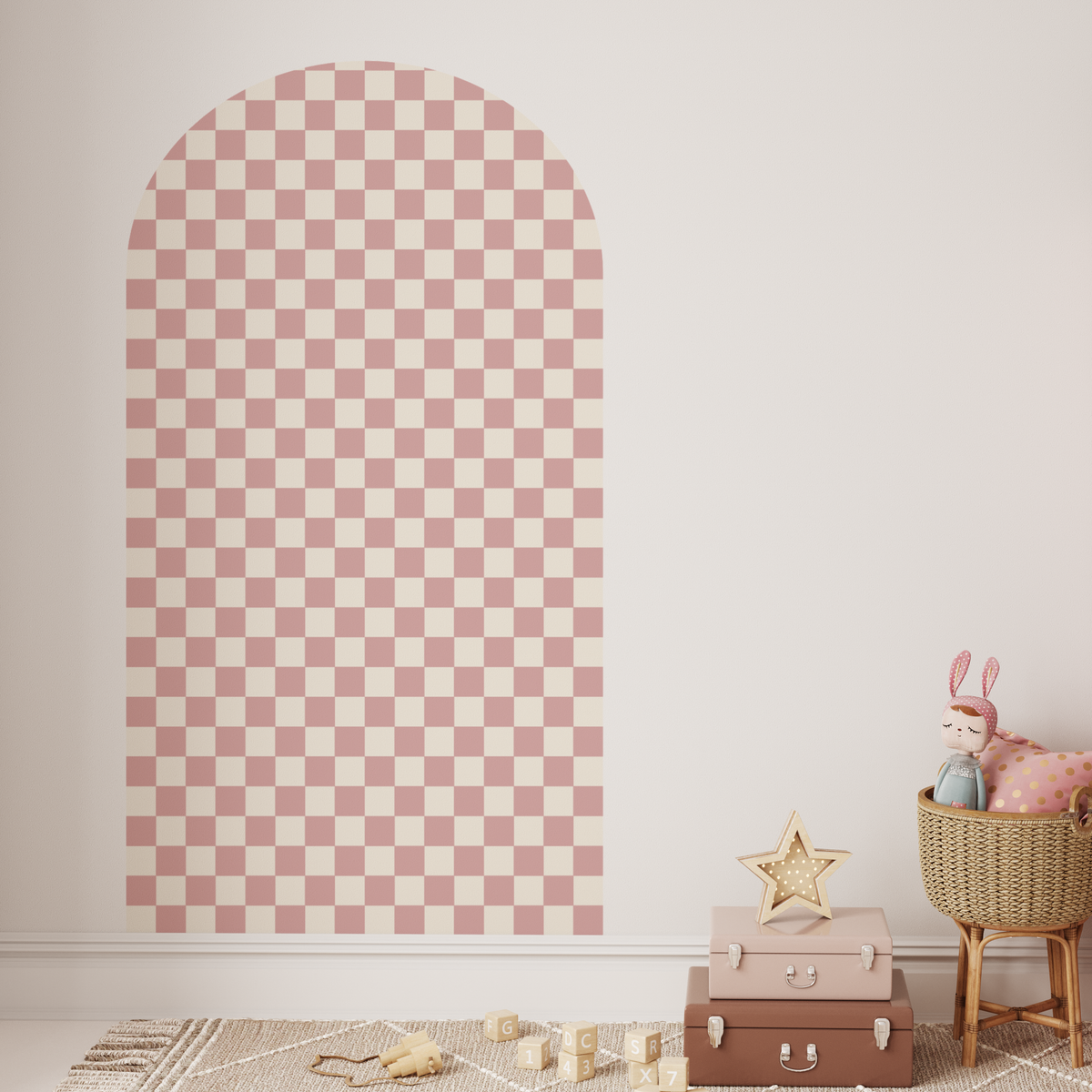 Small checkers pink arch decal in a dusty pink checkerboard
