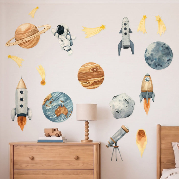 Space wall decals planets rockets astronaut in a styled boys bedroom