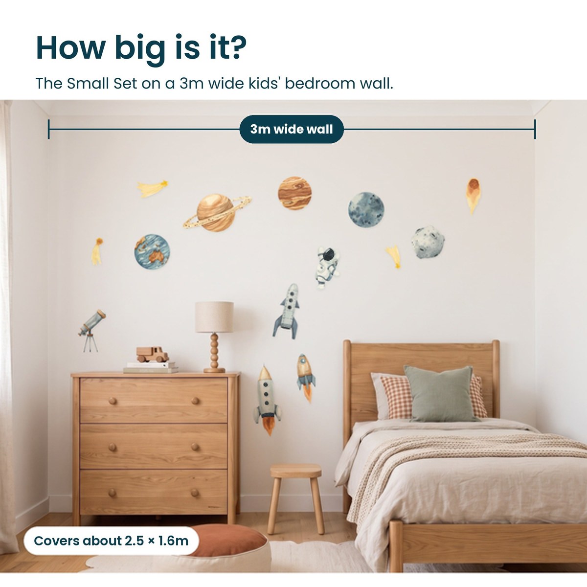 How big is the Outer Space Small Set on a 3m wide kids bedroom wall