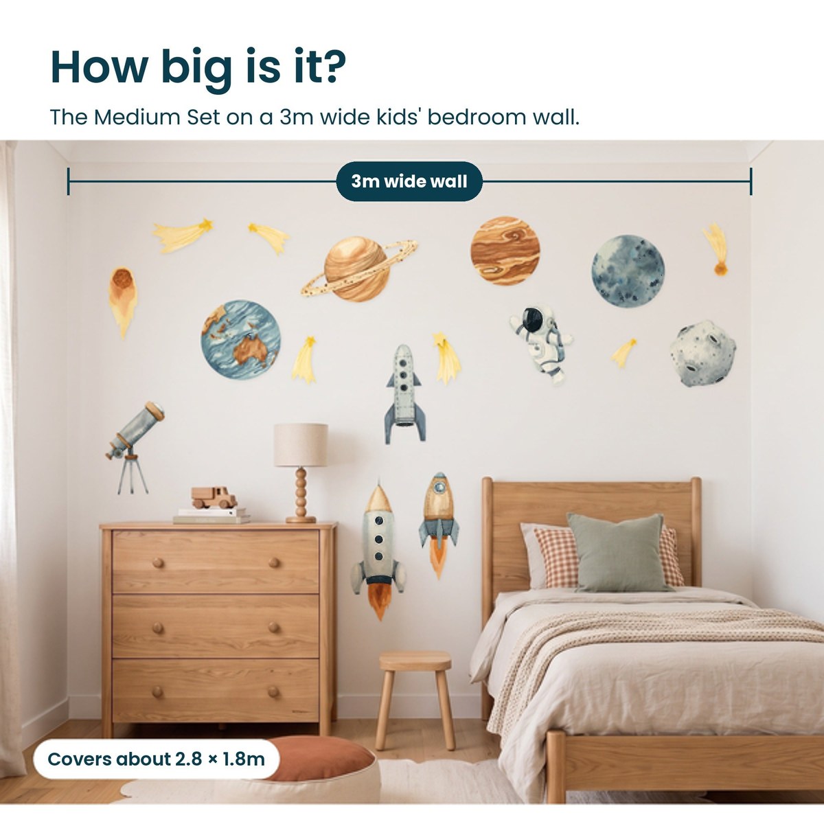 How big is the Outer Space Medium Set on a 3m wide kids bedroom wall