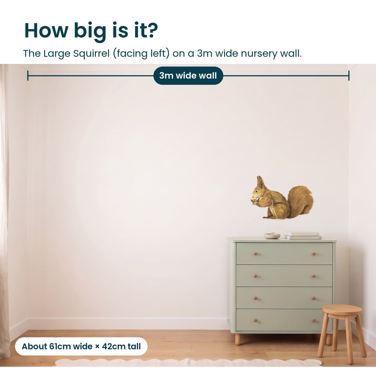 Large squirrel facing left on a 3m nursery wall