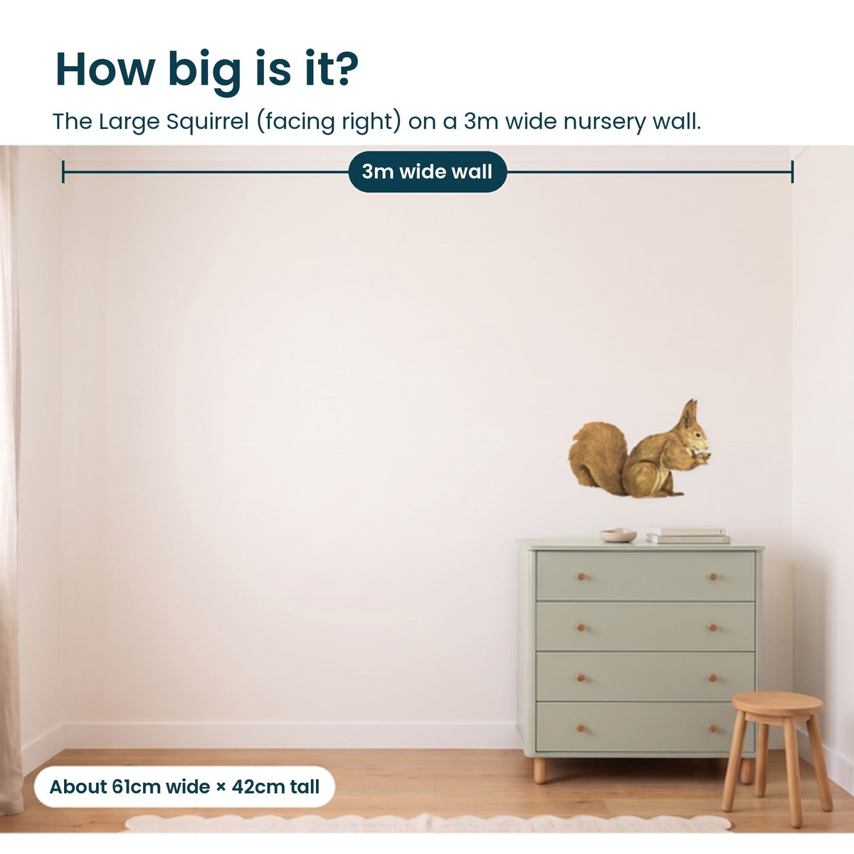 Large squirrel facing right on a 3m nursery wall