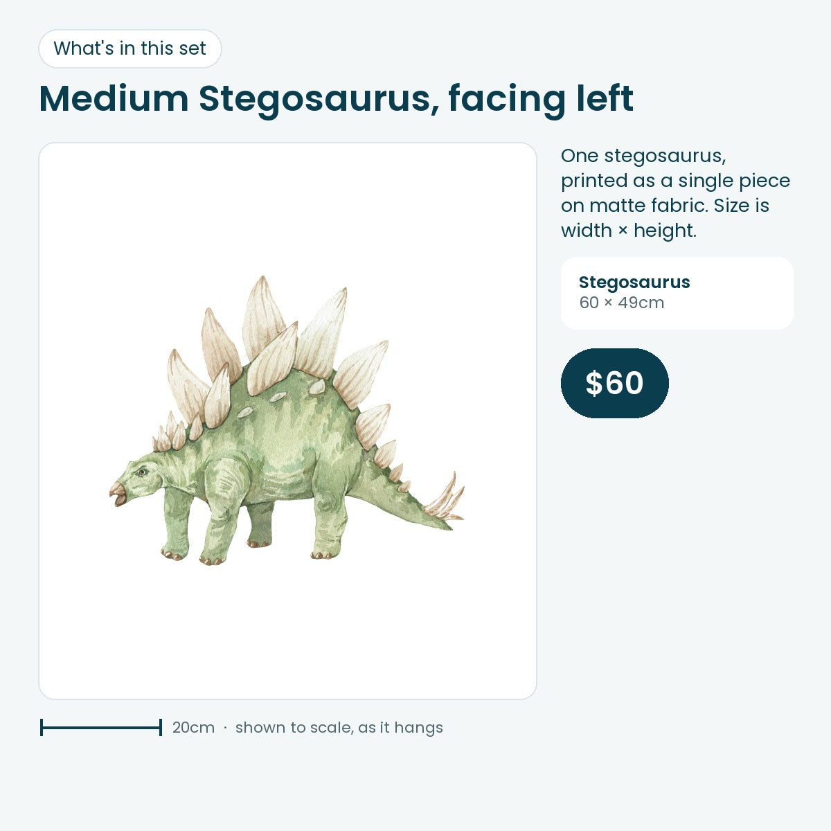 Medium stegosaurus wall decal facing left, 60 × 49cm