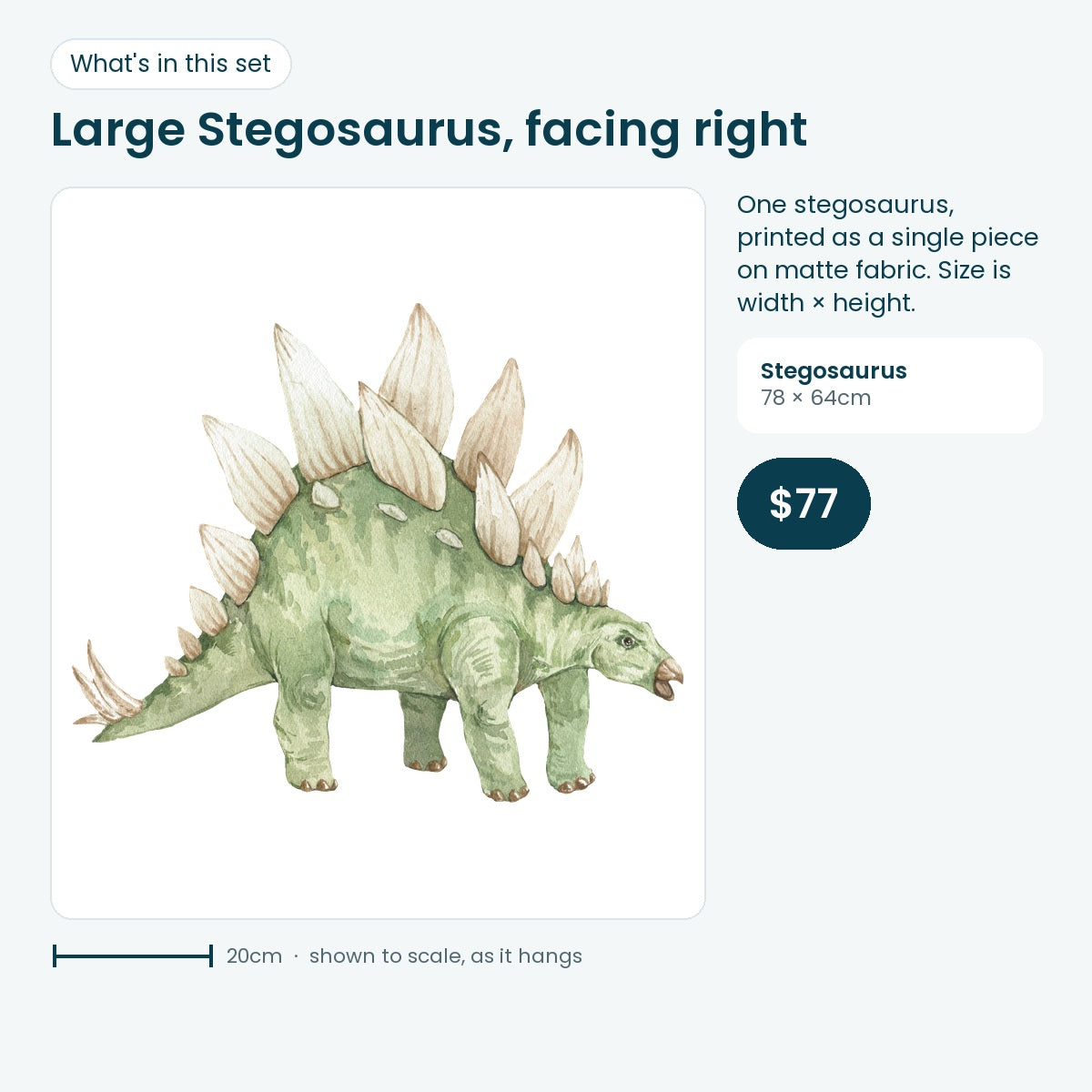 Large stegosaurus wall decal facing right, 78 × 64cm