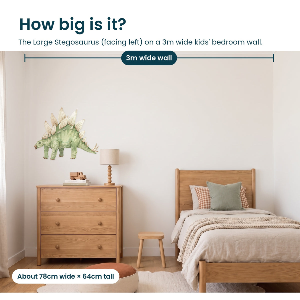 Large stegosaurus facing left shown to scale on a 3m kids' bedroom wall