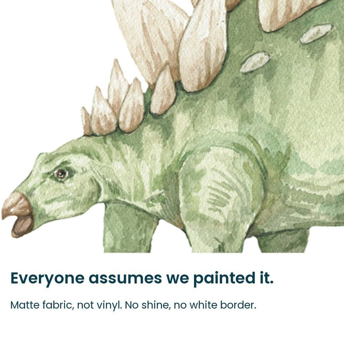 Close-up of the hand-painted watercolour stegosaurus head and plates on matte fabric