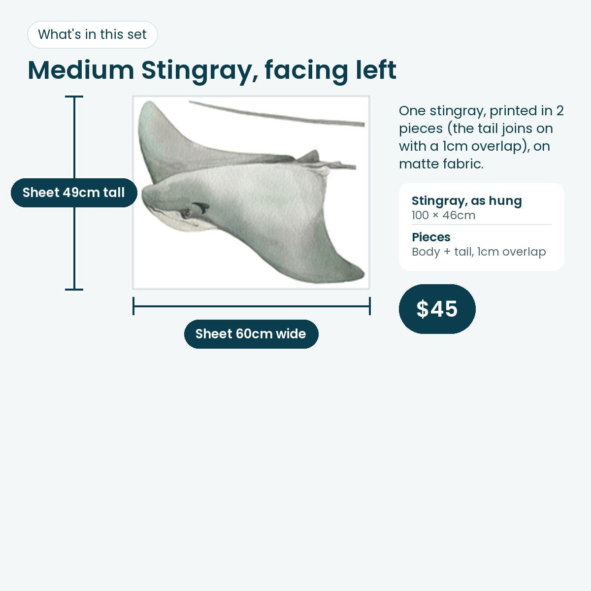 Medium stingray print sheet facing left, 100 × 46cm as hung