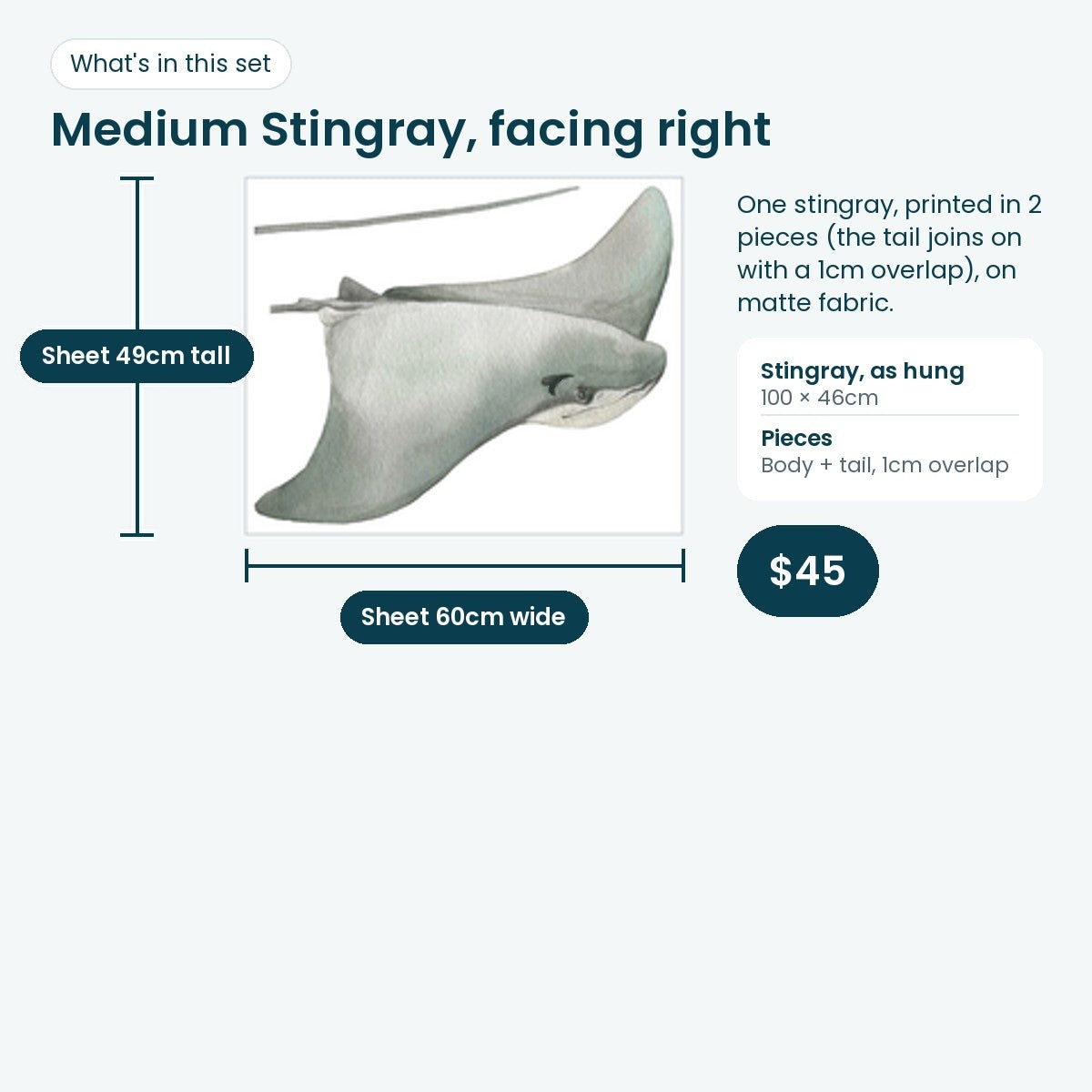Medium stingray print sheet facing right, 100 × 46cm as hung
