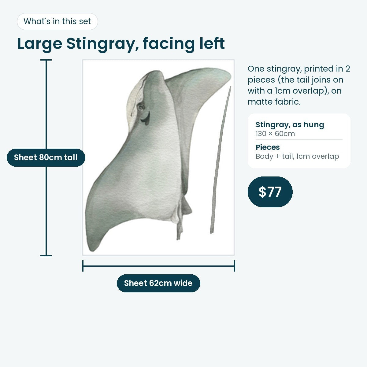 Large stingray print sheet facing left, 130 × 60cm as hung