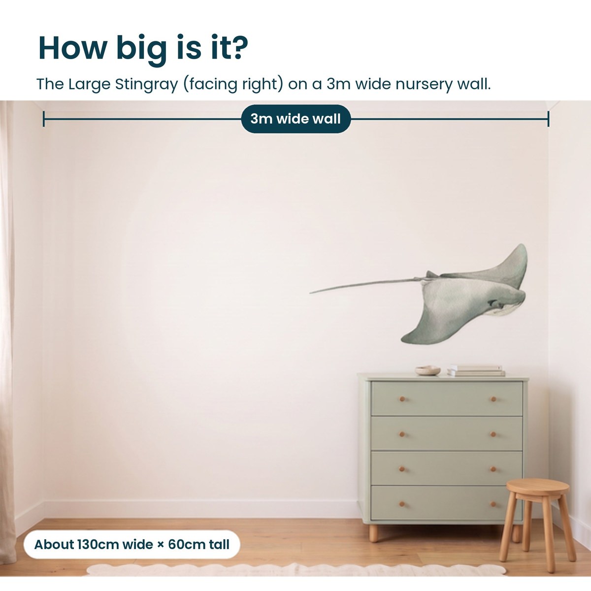 Large stingray facing right on a 3m nursery wall