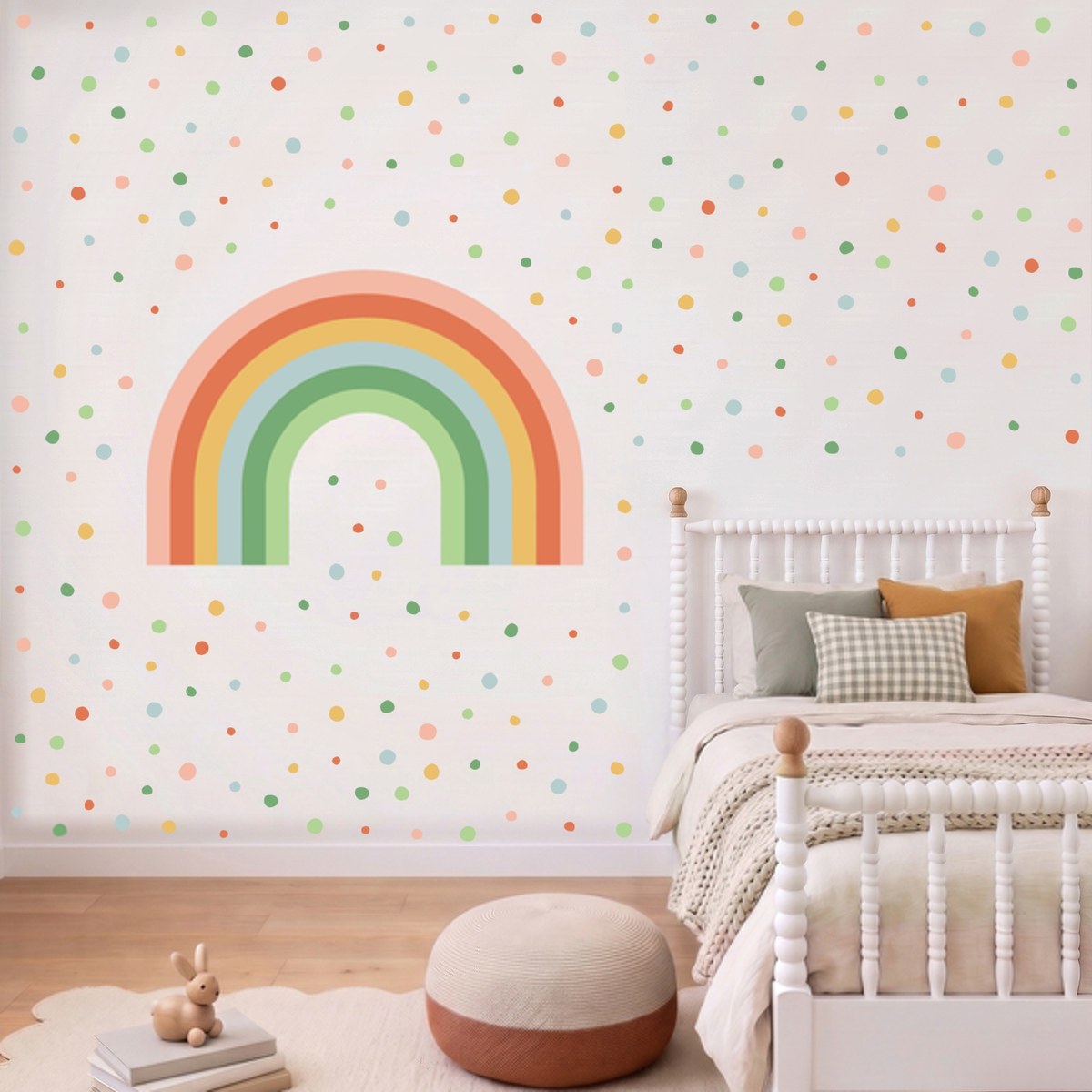 Sunset Glow rainbow wall decal with 252 spots on a kids' bedroom wall