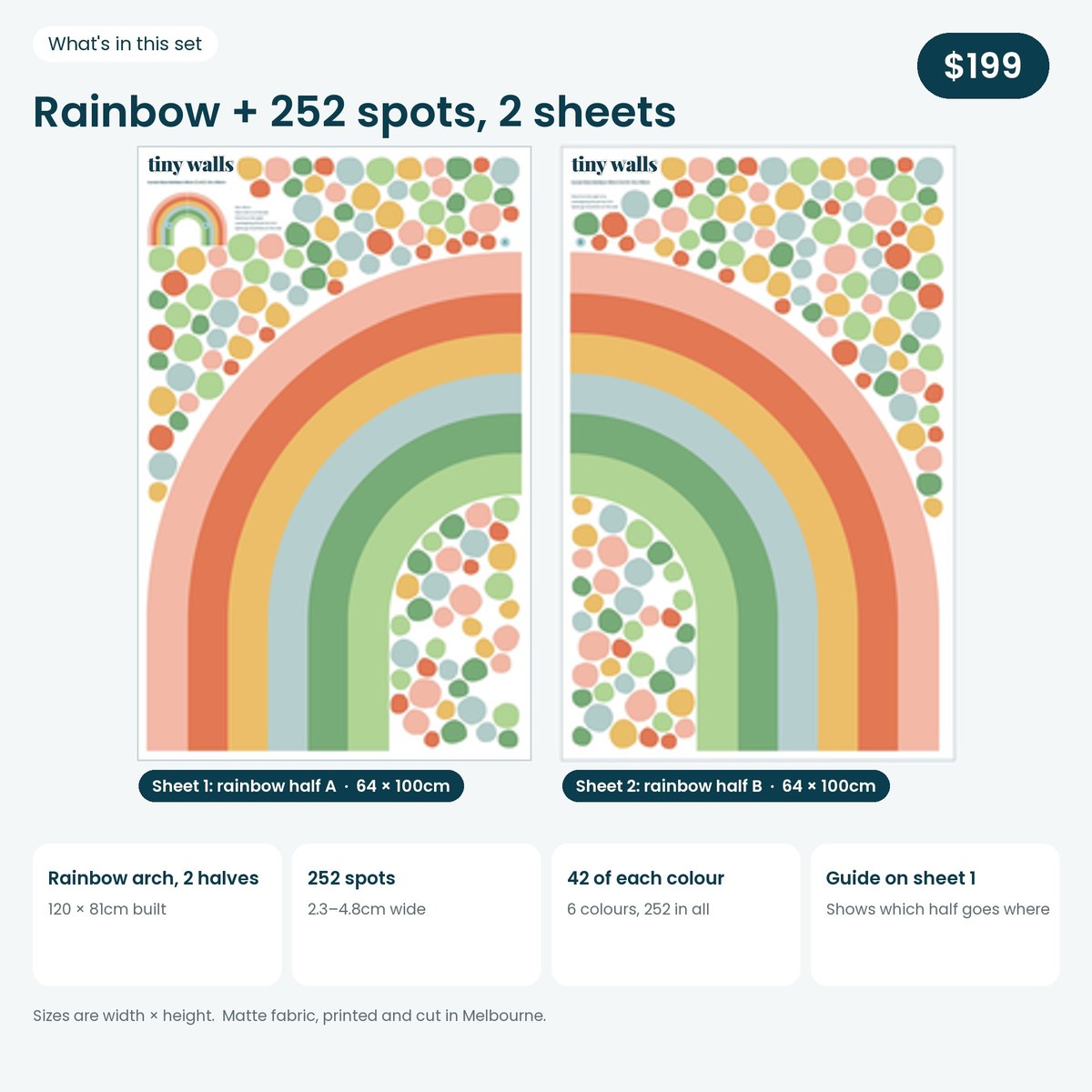 What is in the Sunset Glow rainbow set: two 64 x 100cm sheets