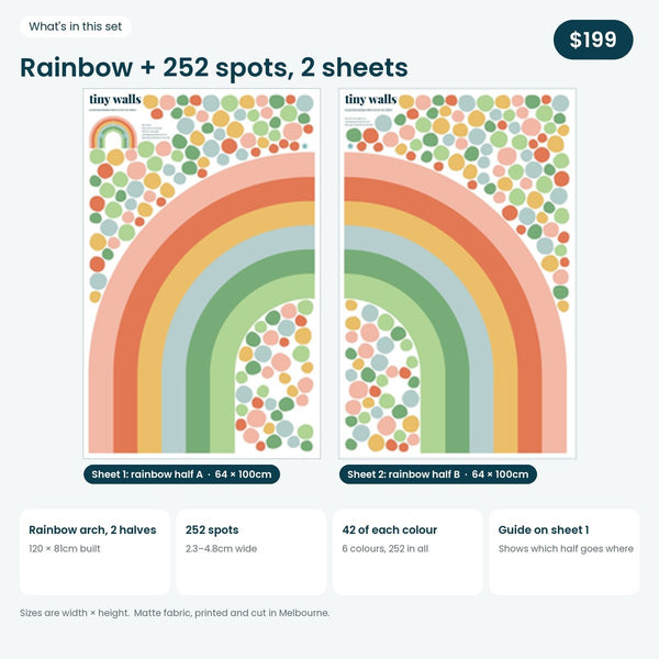 What is in the Sunset Glow rainbow set: two 64 x 100cm sheets