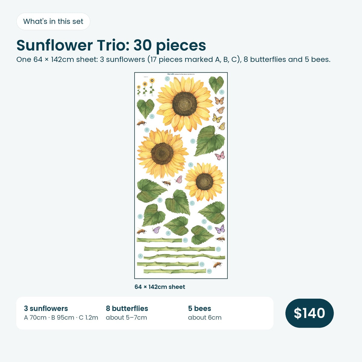 What's in the Sunflower Trio: one 64 x 142cm sheet with 3 sunflowers, 8 butterflies and 5 bees
