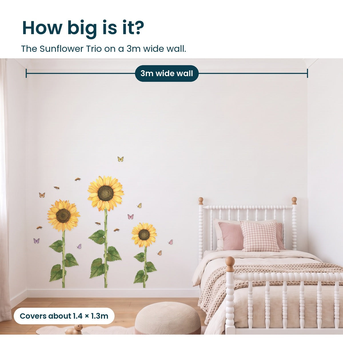 Sunflower Trio with butterflies and bees on a 3m wide wall, covering about 1.4 by 1.3m