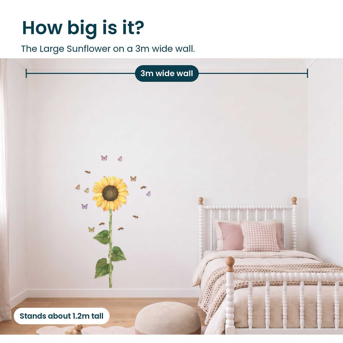 Large Sunflower with butterflies and bees, about 1.2m tall on a 3m wide wall