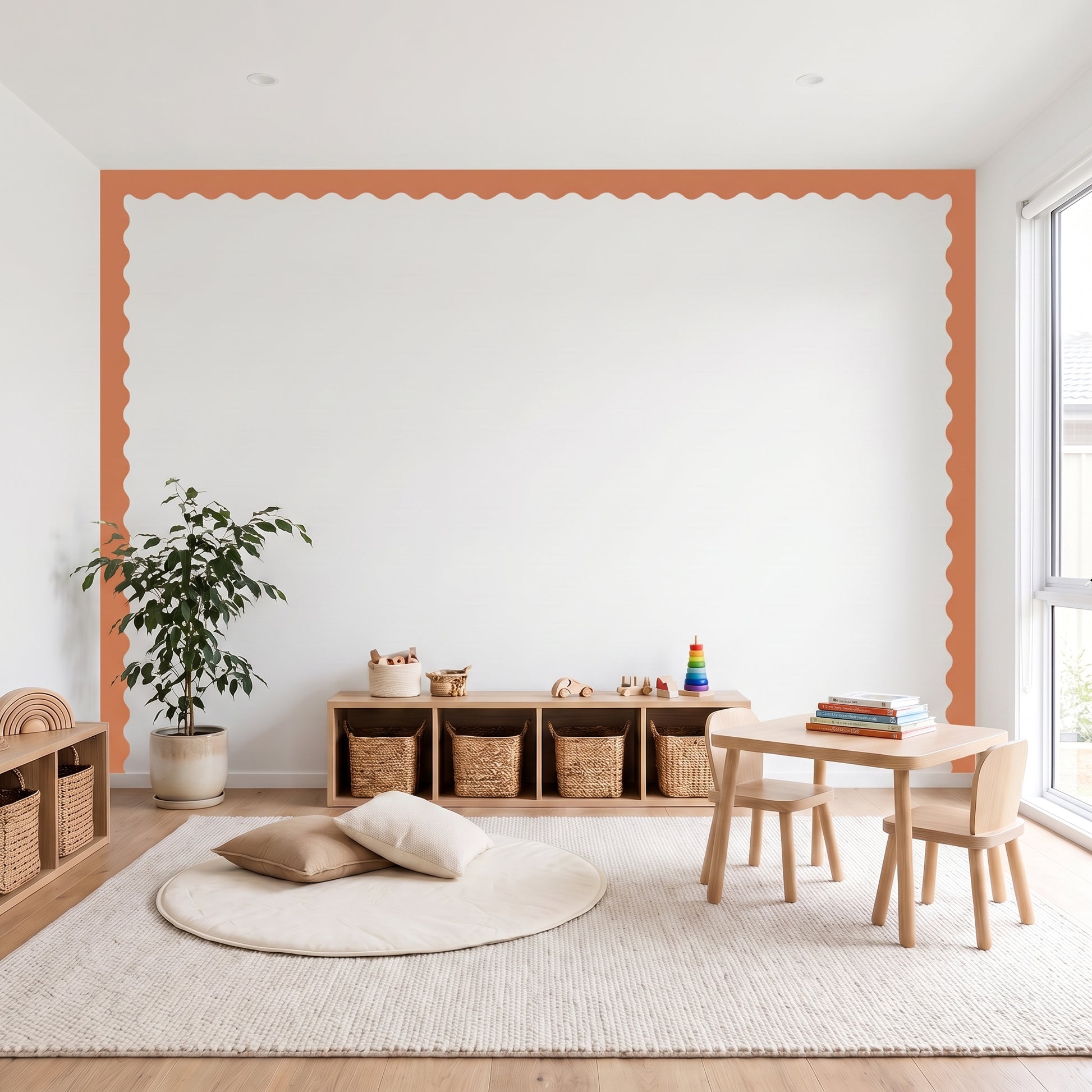 Children's playroom with wooden furniture, toys, and a large mirror on the wall.