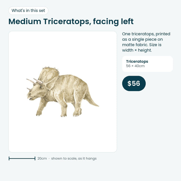 Medium triceratops wall decal facing left, 56 × 40cm
