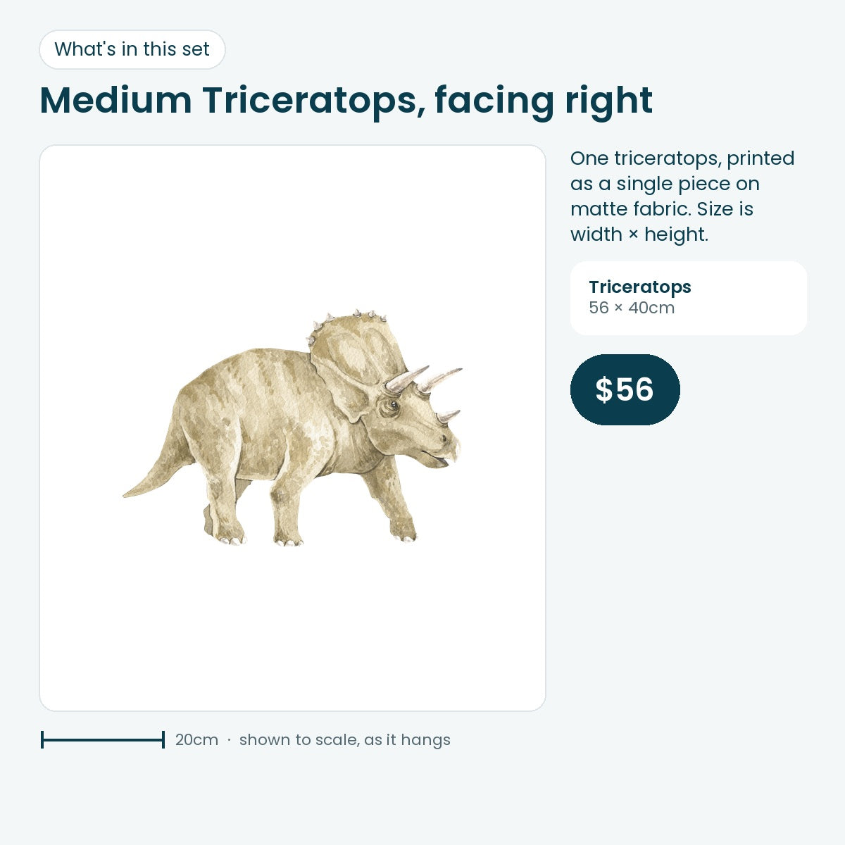 Medium triceratops wall decal facing right, 56 × 40cm