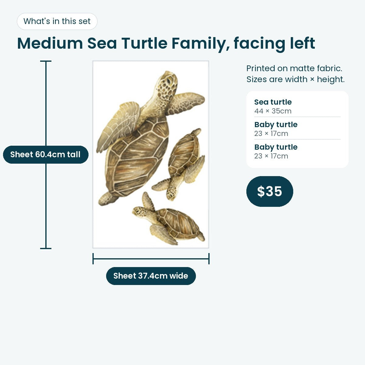 Medium sea turtle family print sheet facing left: turtle 44 × 35cm and two babies 23 × 17cm