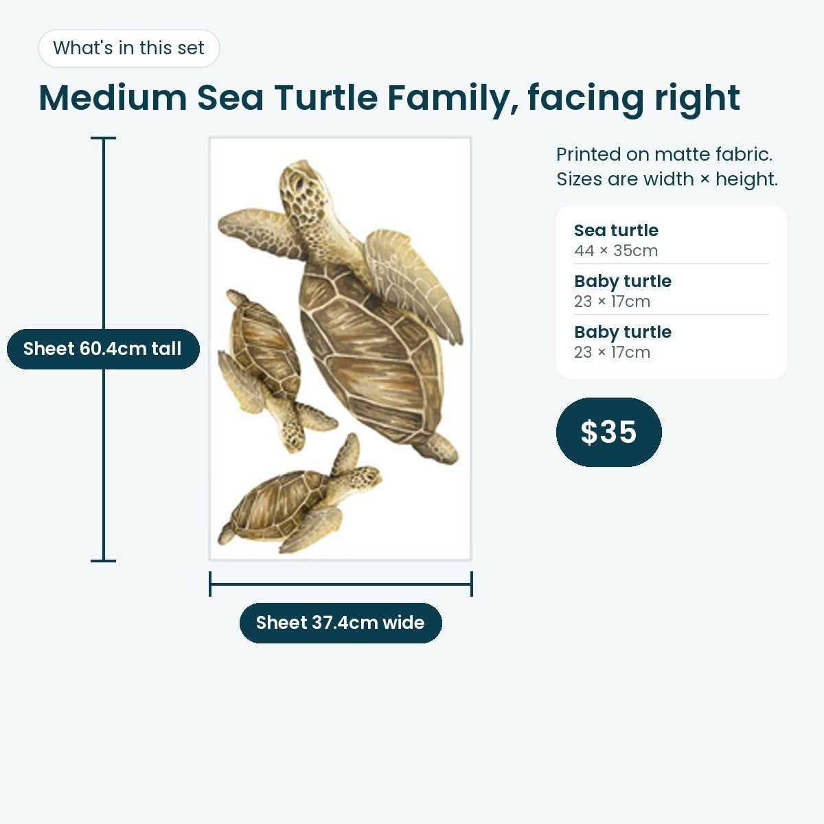 Medium sea turtle family print sheet facing right: turtle 44 × 35cm and two babies 23 × 17cm