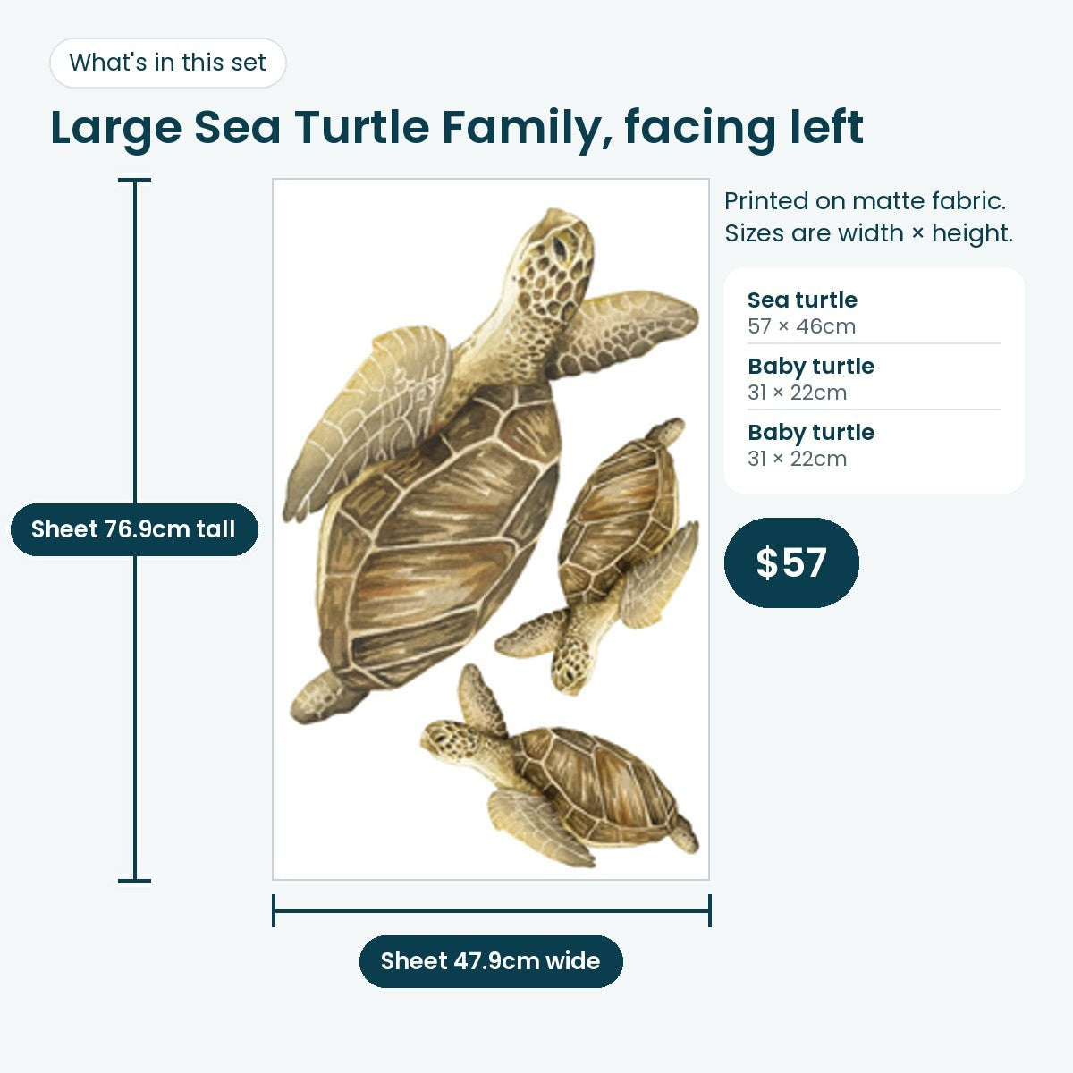 Large sea turtle family print sheet facing left: turtle 57 × 46cm and two babies 31 × 22cm