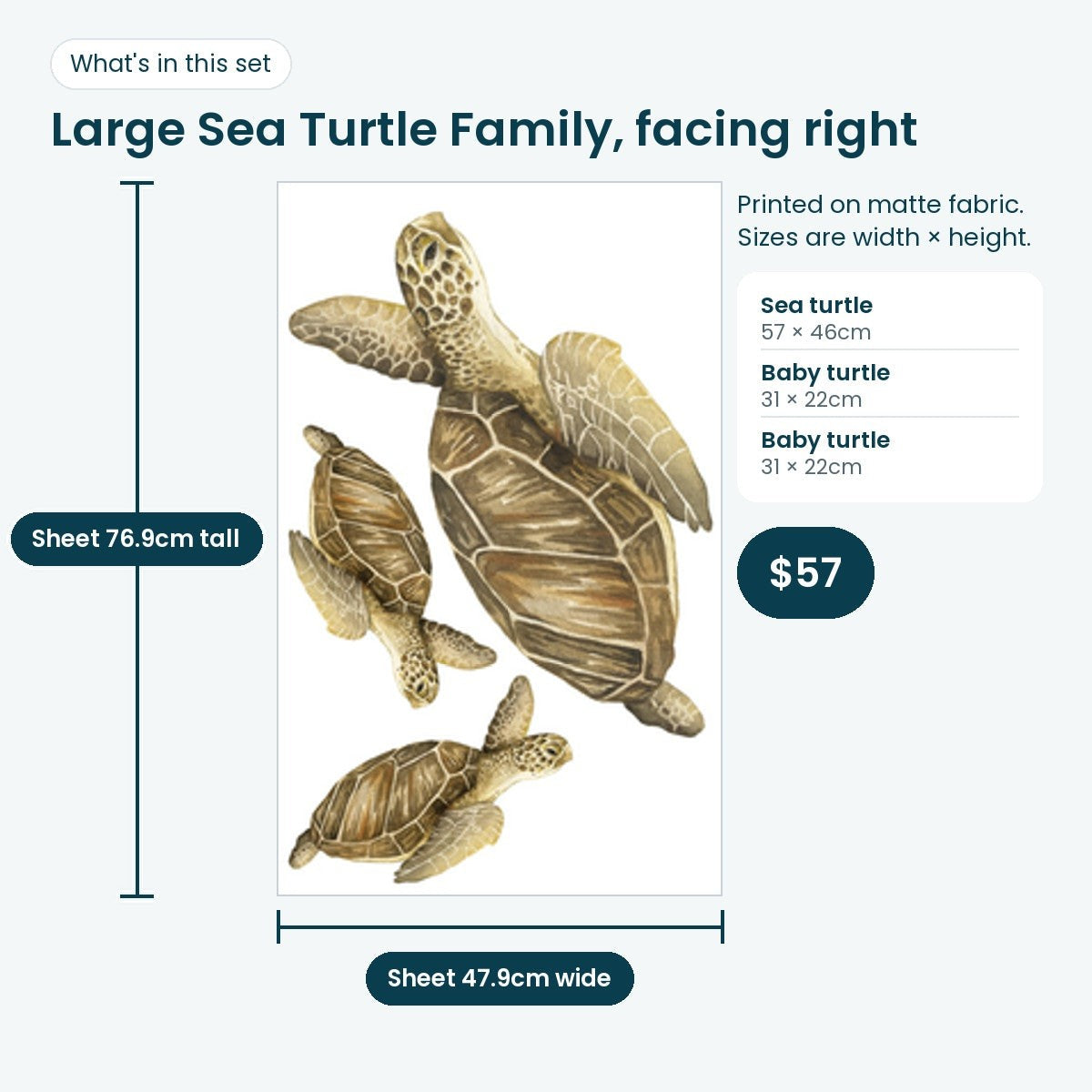 Large sea turtle family print sheet facing right: turtle 57 × 46cm and two babies 31 × 22cm