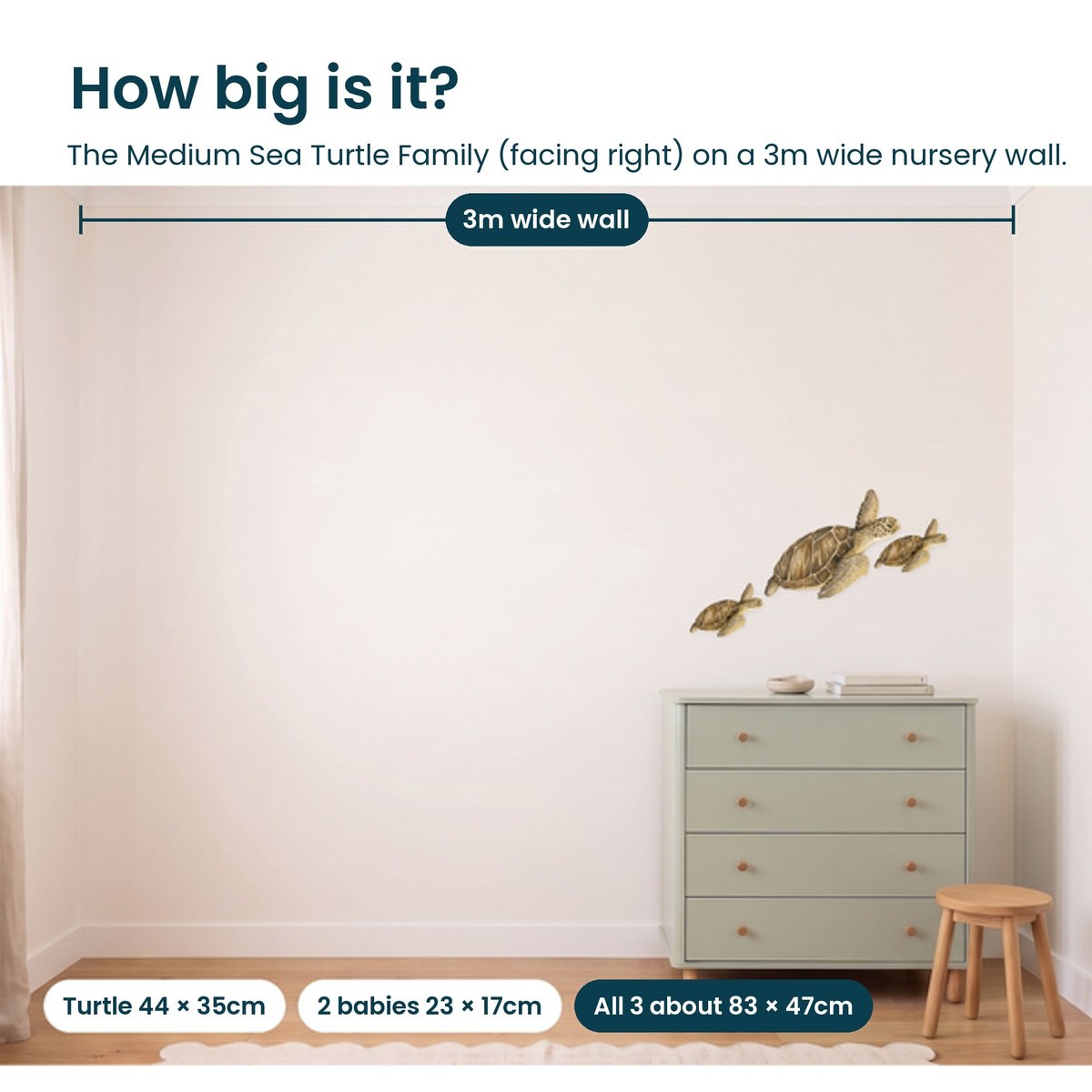 Medium sea turtle family facing right on a 3m nursery wall