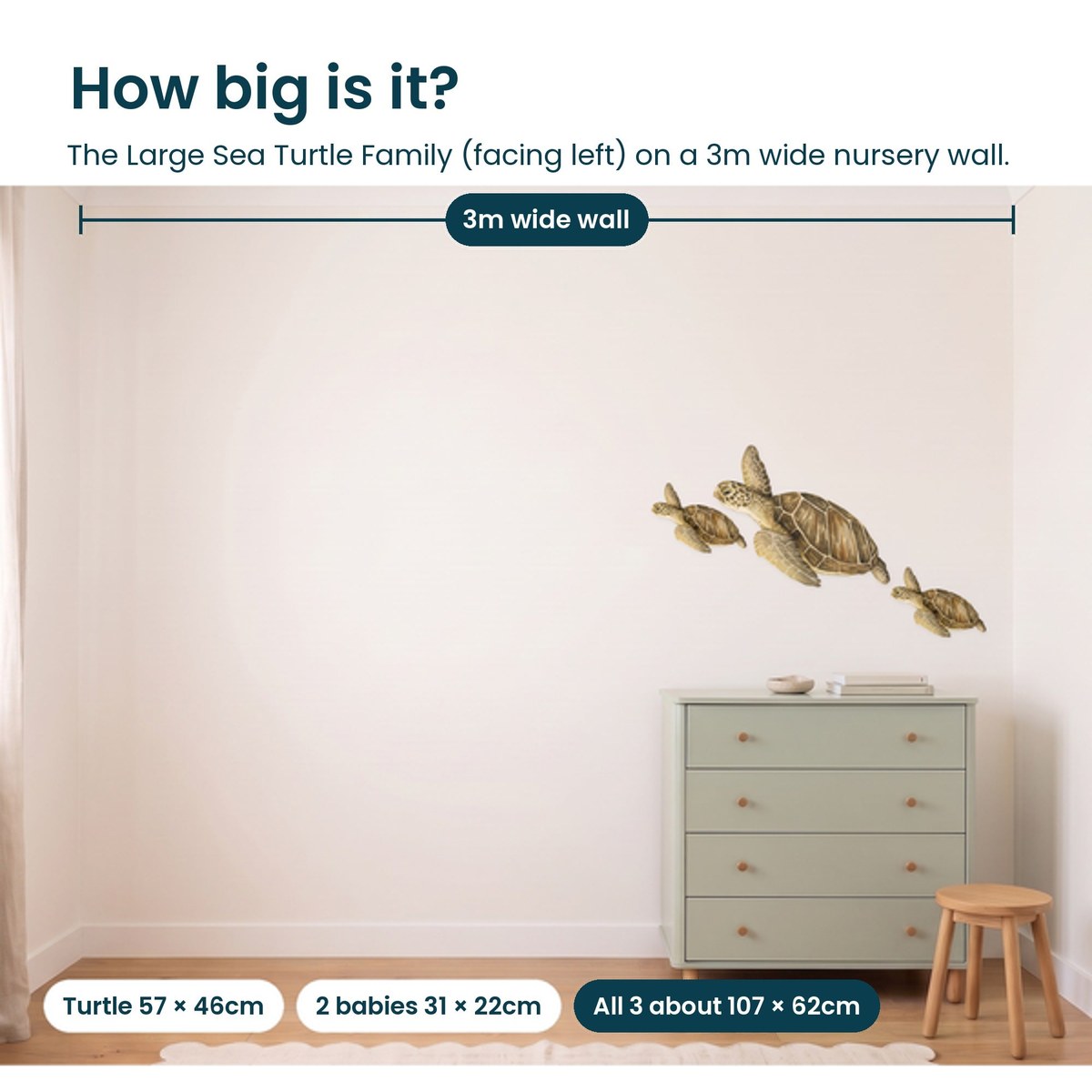 Large sea turtle family facing left on a 3m nursery wall