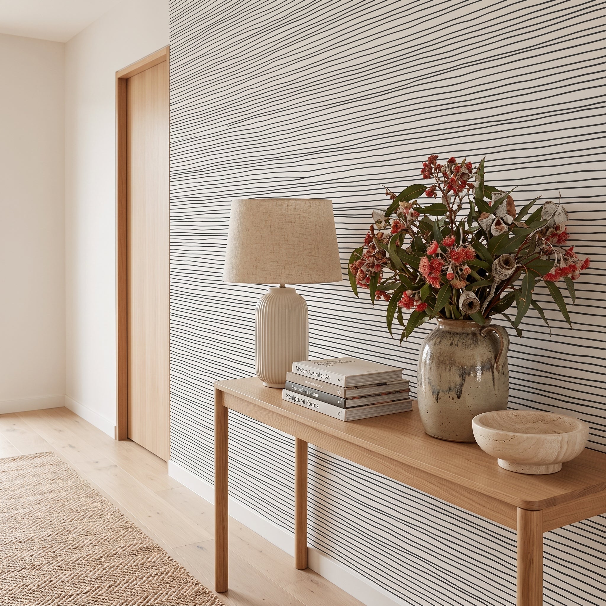 A styled interior entryway scene with a light wood console table against a white wall with thin dark horizontal stripes. On the table are stacked books, a cream ribbed table lamp, a large ceramic vase with pink and white flowers, and a small round bowl.