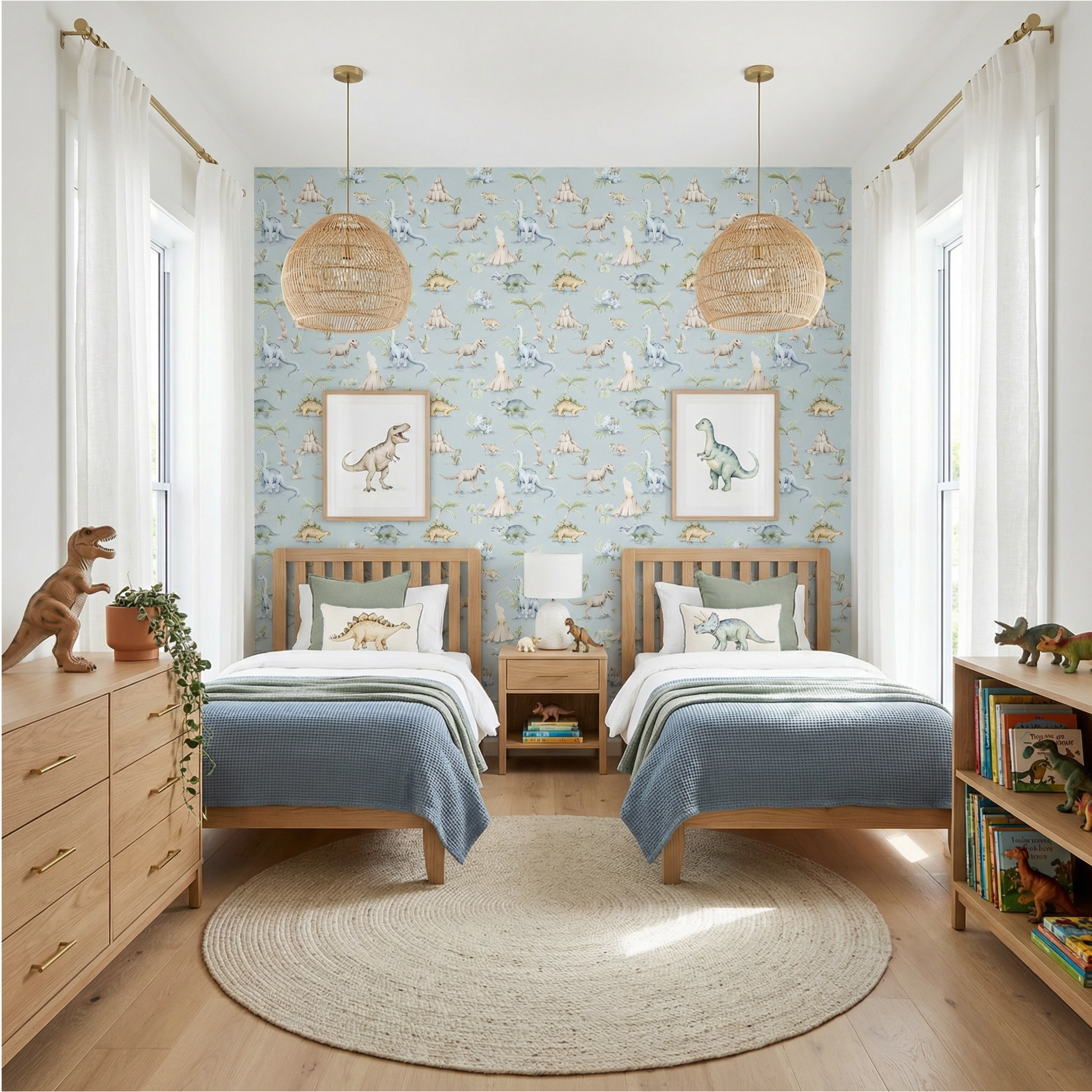 Children's bedroom with dinosaur-themed wallpaper, beds, and decor.