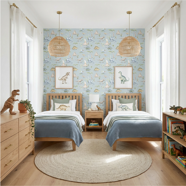 Children's bedroom with dinosaur-themed wallpaper, beds, and decor.