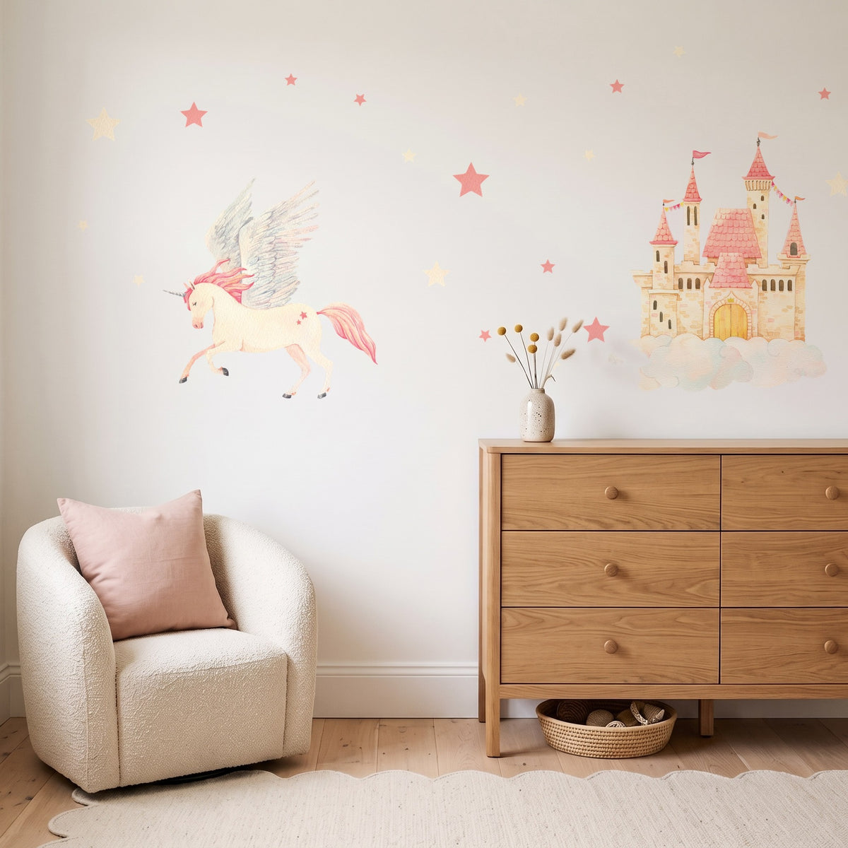 Flying unicorn, castle and star wall decals above an oak chest in a girls' bedroom