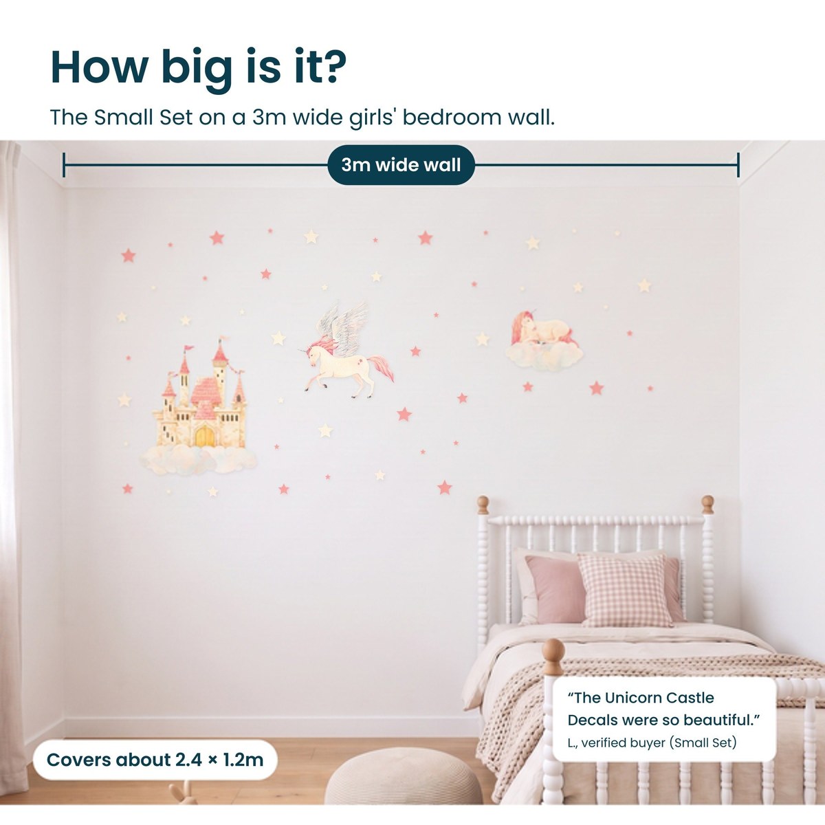 How big is the Unicorn & Castle Small Set on a 3m wide bedroom wall