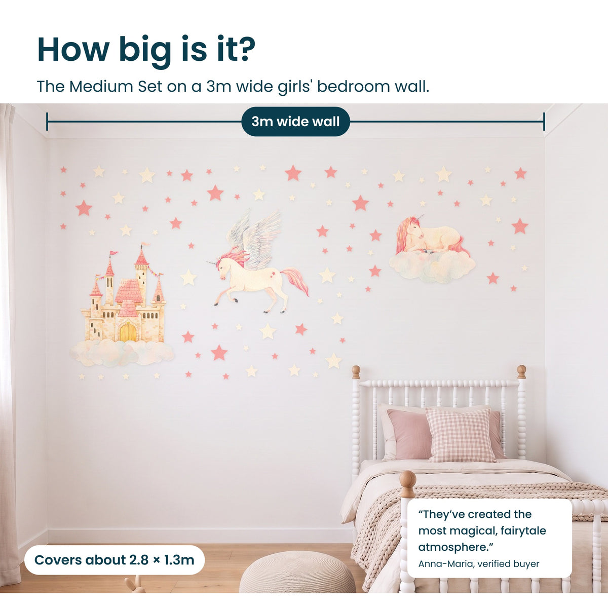 How big is the Unicorn & Castle Medium Set on a 3m wide bedroom wall