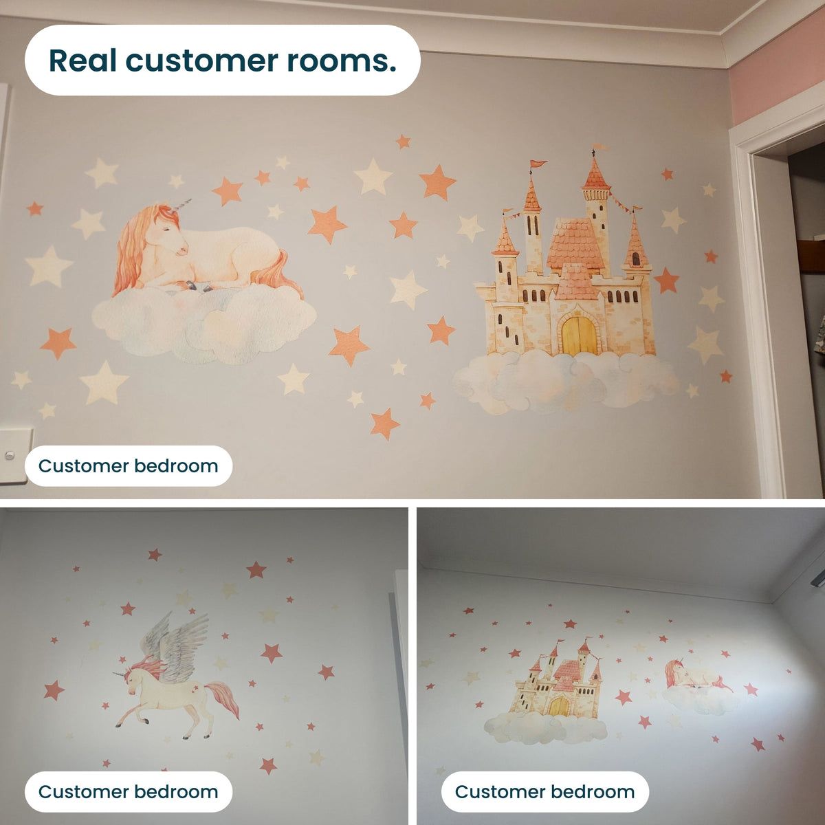 Unicorn and castle decals in real customer rooms