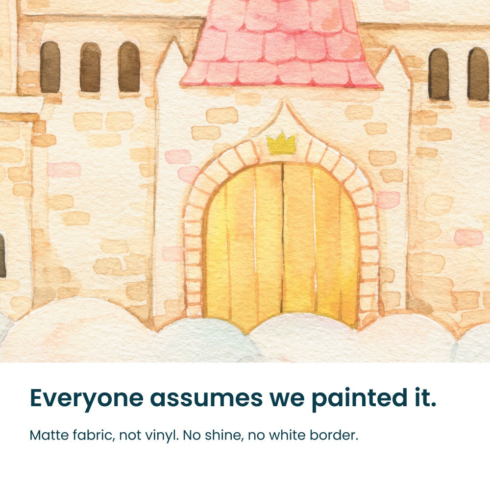 Close-up of the hand-painted watercolour castle