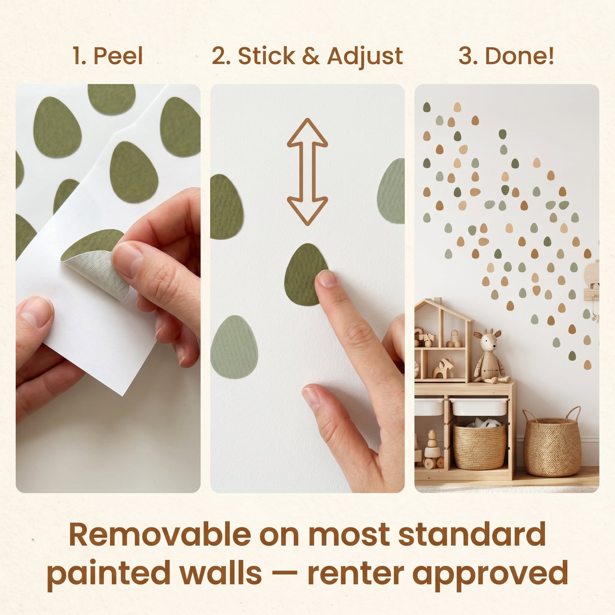 Step-by-step guide on applying wall decals with a final result in a room.