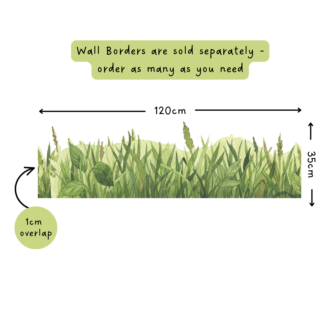 Green grass wall border size guide: 120cm wide by 35cm tall with a 1cm overlap